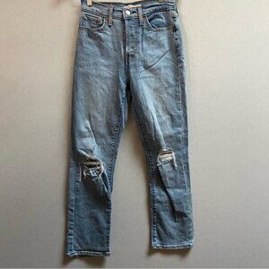 Levis Wedgie Straight Fringe Distressed Denim Button Fly High Rise Jeans Sz 26
